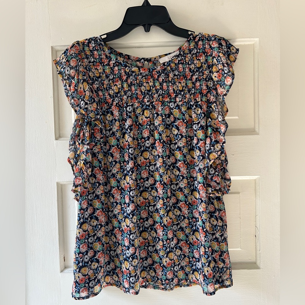 LOFT Multicolor Floral Blouse with Ruffle Sleeves